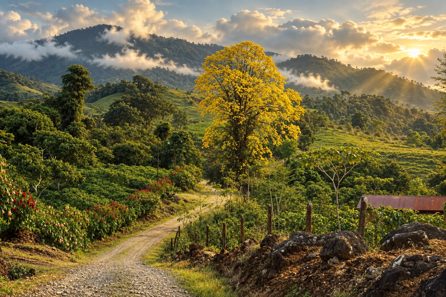 Painterly adaptation of our photograph: a golden Cortez Amarillo above a winding track, with forested mountains behind it