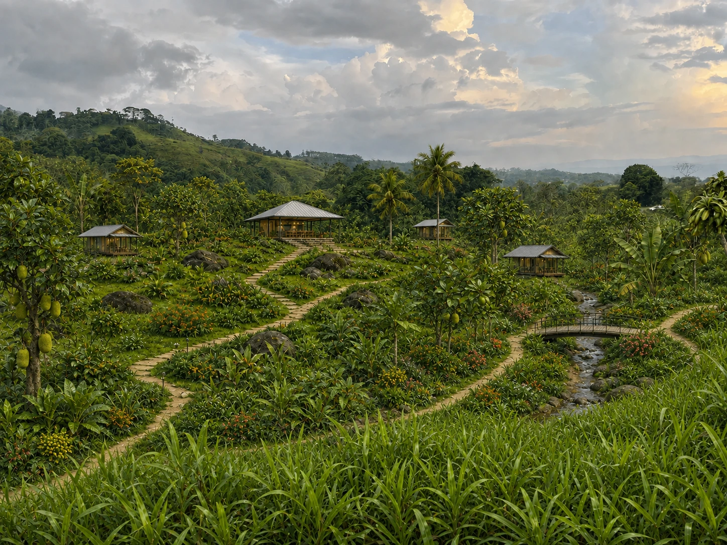 Future village with connected cabins, a communal kitchen, contour paths, and a tropical food forest
