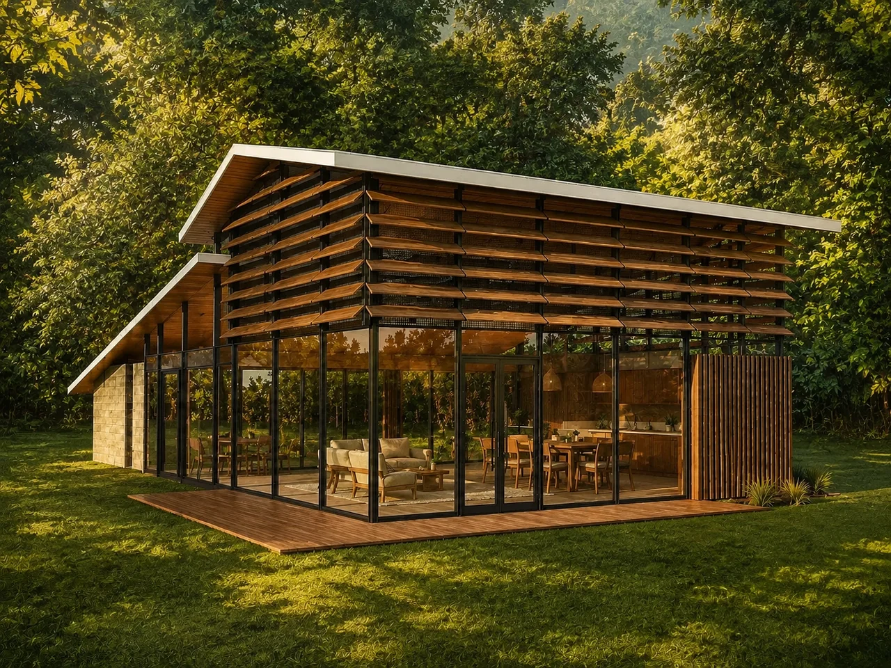Artistic adaptation of the metal-and-wood house design, with its original rooflines and generous overhangs