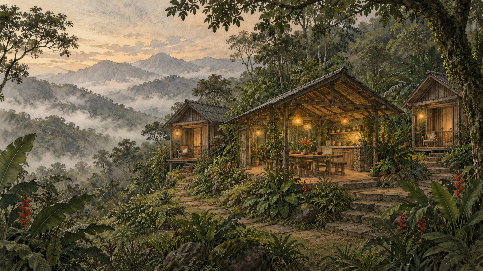 Illustrated volunteer cabins beside a shaded communal kitchen
