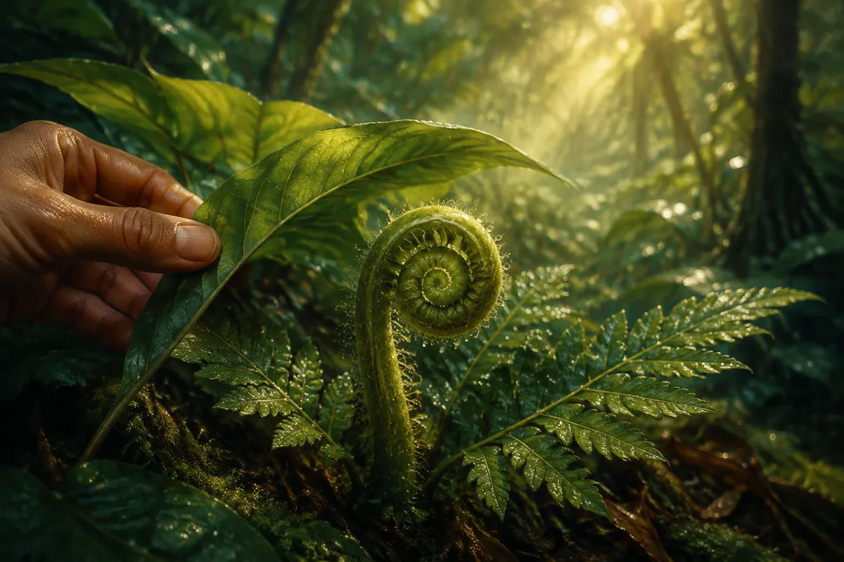 A fern unfurling in the morning forest light