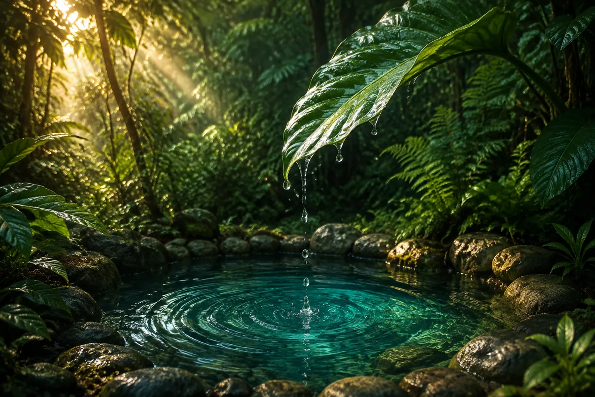 Rainwater gathering beneath a sunlit forest canopy