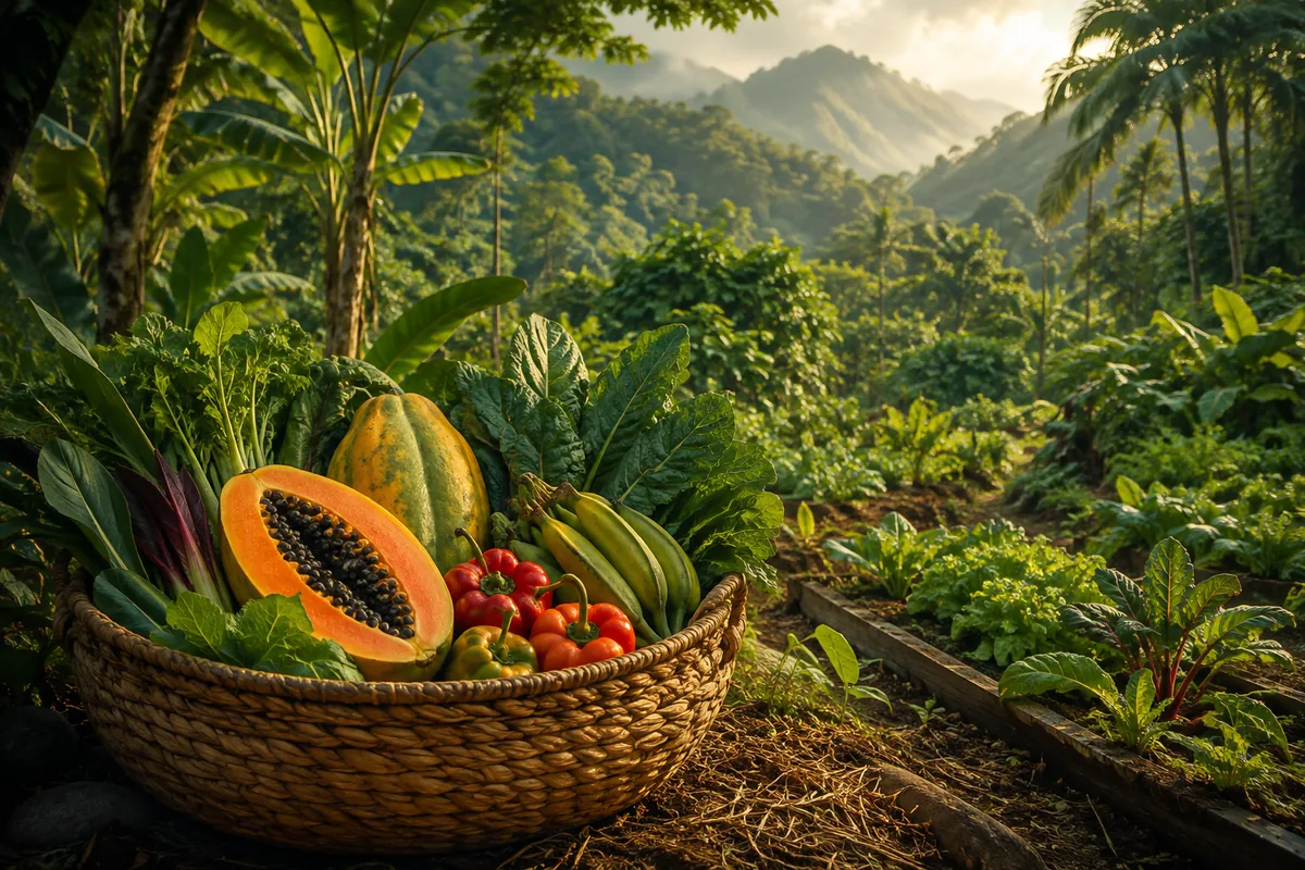 A harvest basket beside a thriving tropical garden
