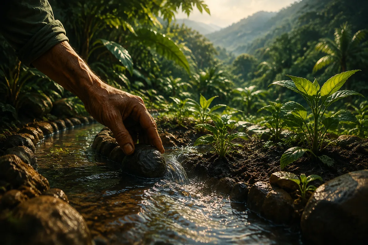 Water being guided around young garden plants