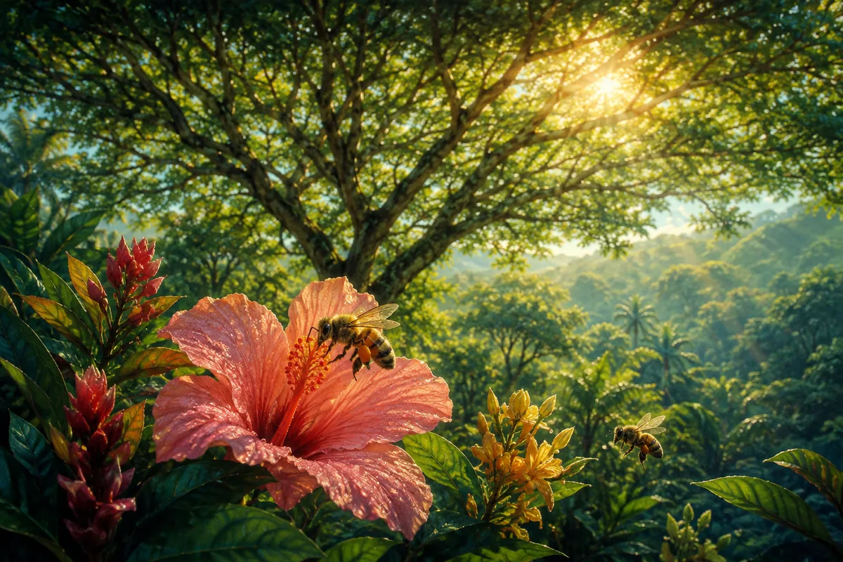 Pollinators visiting flowers beneath a shade tree