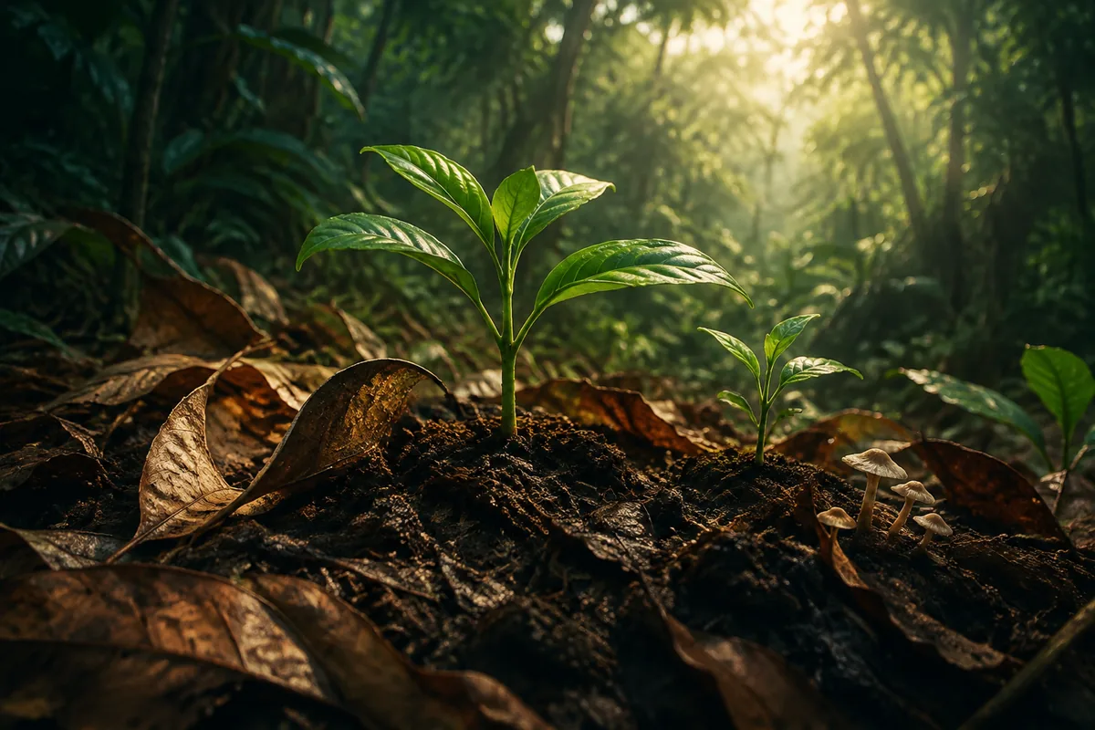 Fallen leaves becoming rich soil for new seedlings