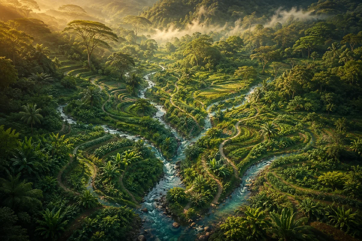 A branching stream and garden paths following the contours of the land