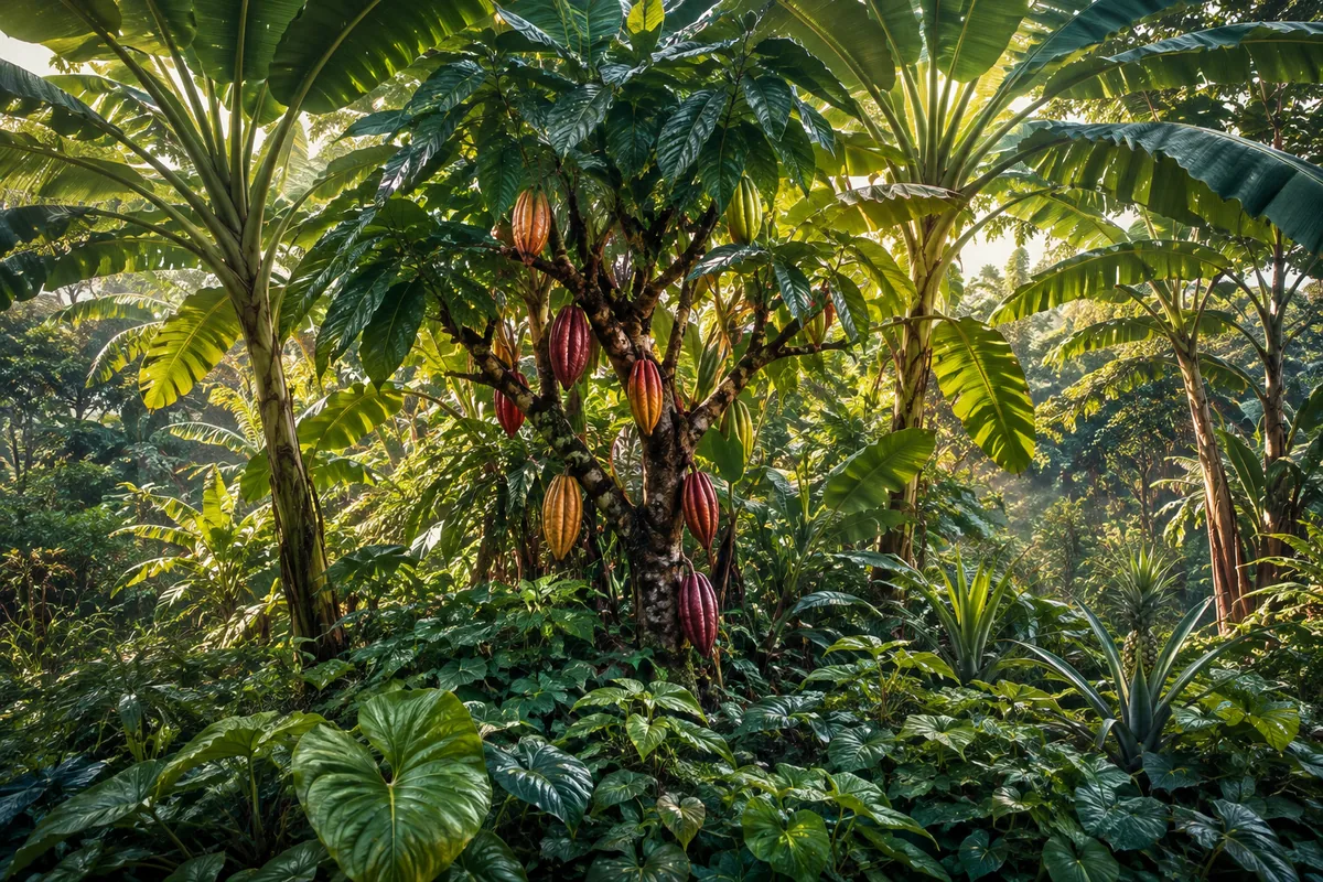 Layers of plants growing together in a tropical food forest