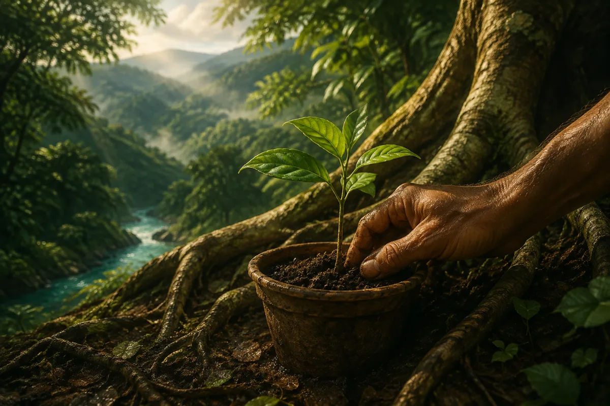 A young seedling being tended beside an established tree