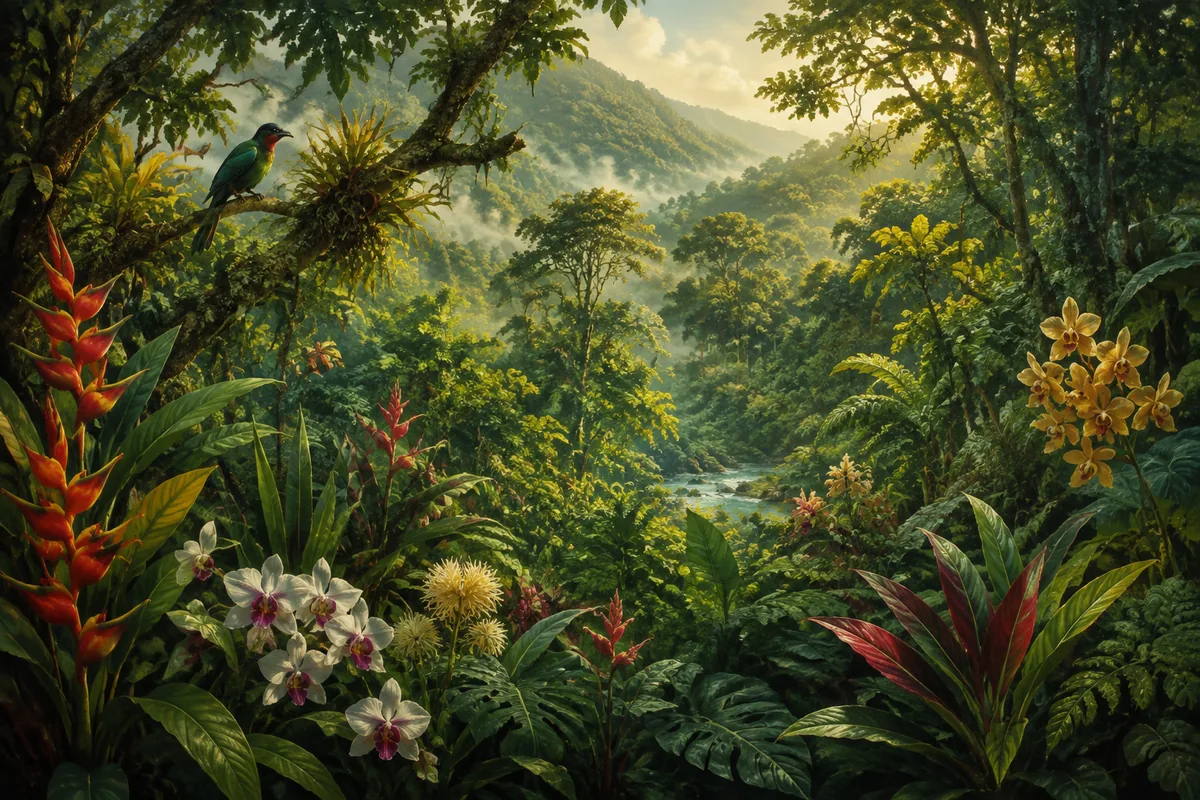 A variety of tropical plants and birds sharing a habitat