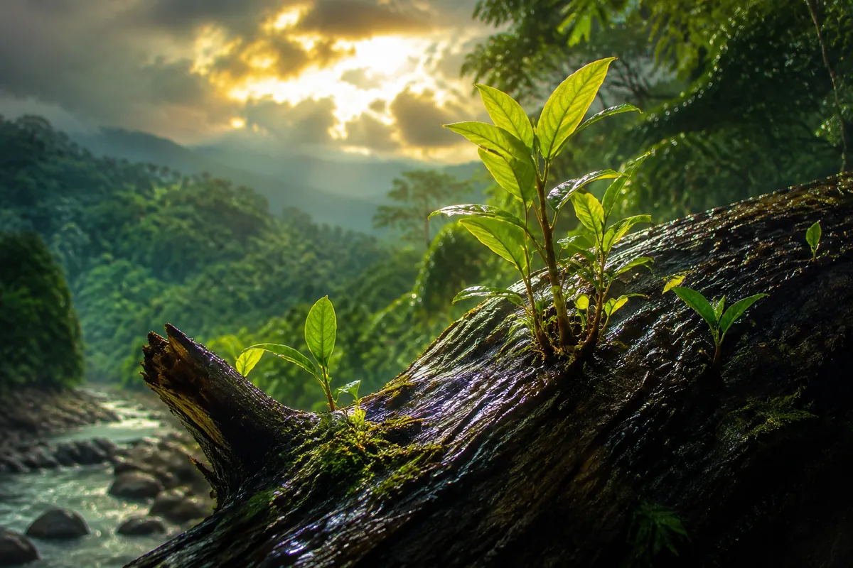 Fresh green growth around a fallen tree after rain