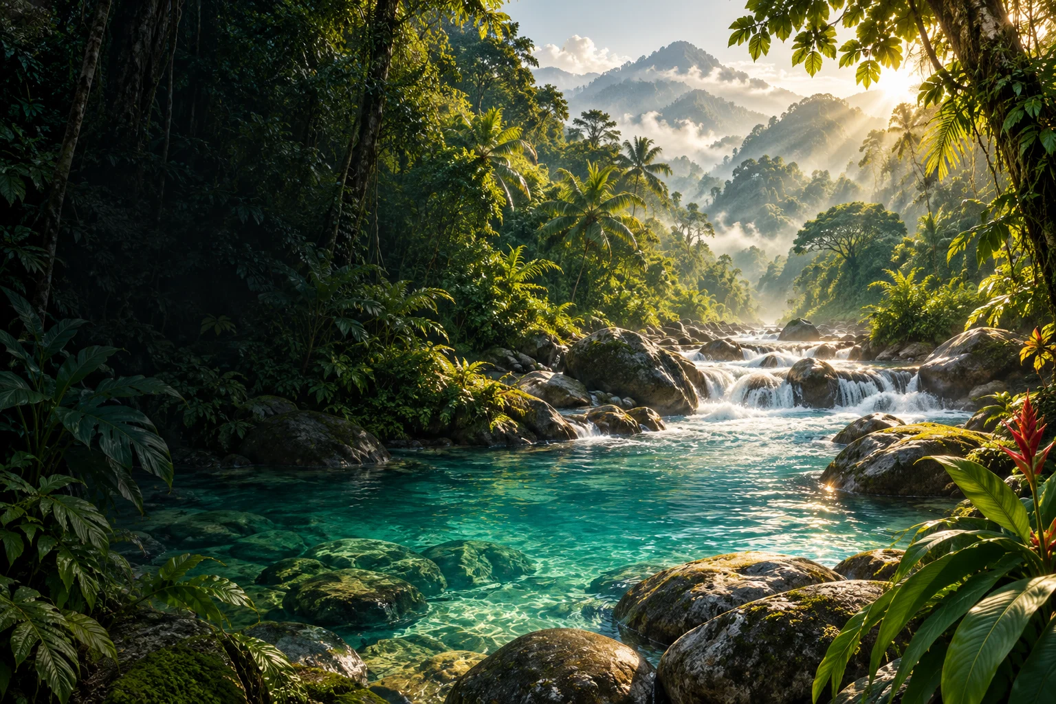 An illustrated tropical river winding through emerald forest and golden morning mist